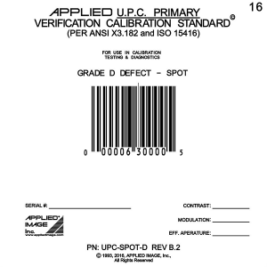 UPC spot defect D grade barcode calibration card